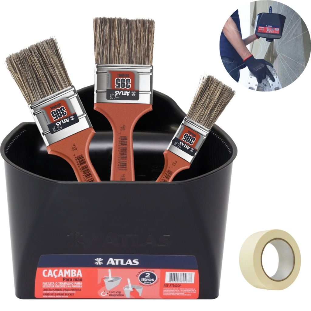 Caçamba de Mão Para Pintura 2L Com Clip Magnético + Pincel Trincha 38mm + Pincel Trincha 50mm
