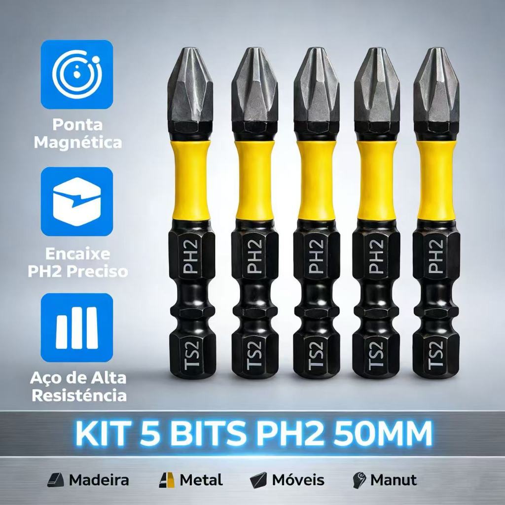 Kit 5 Bits Phillips PH2 50mm Magnético Aço Reforçado Parafusadeira Impacto Profissional