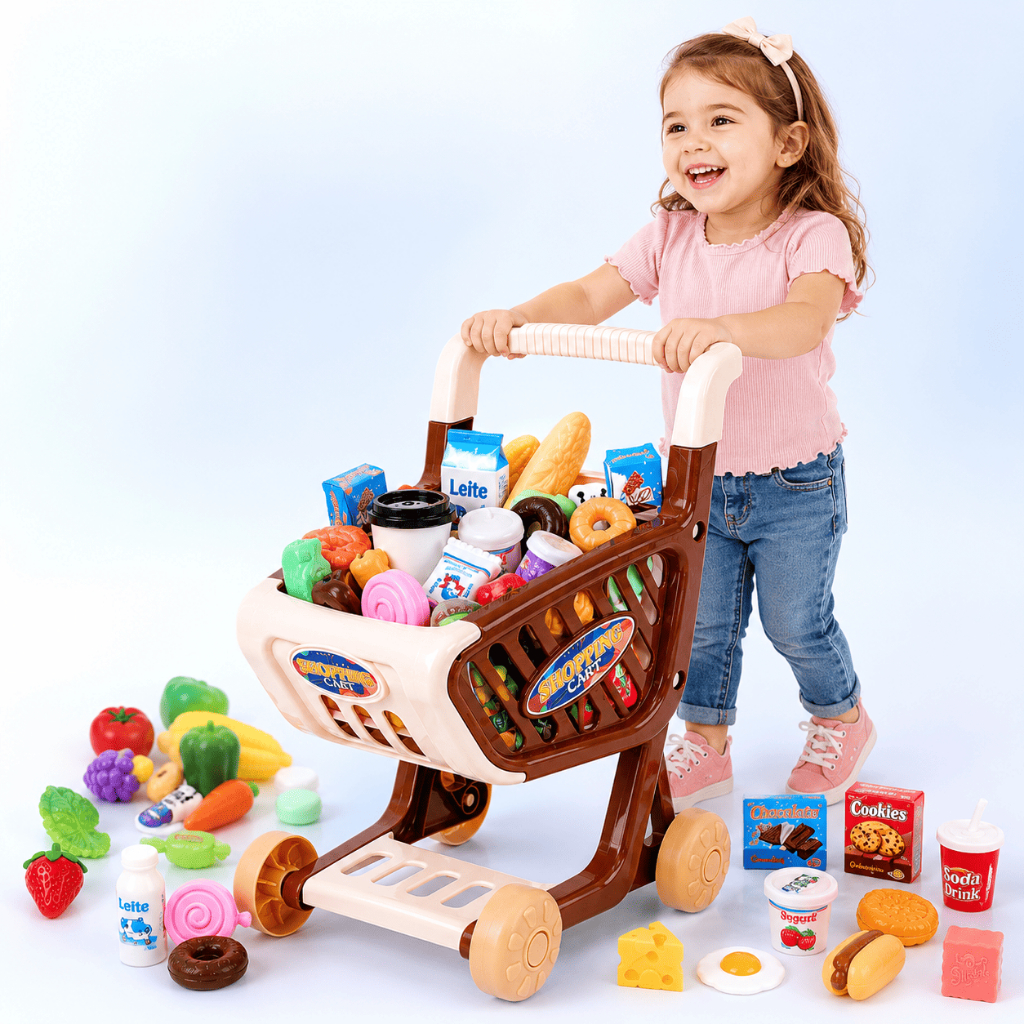 Carrinho de Compras Infantil 62 Peças Mercadinho Supermercado Com Comidinhas MSP Kids