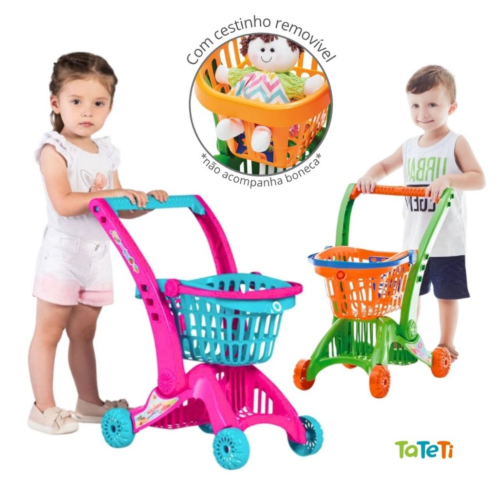 Carrinho de Compras Infantil Com Cesto 2 Em 1 Brinquedo Mercadinho Supermercado Feira Para Crianças