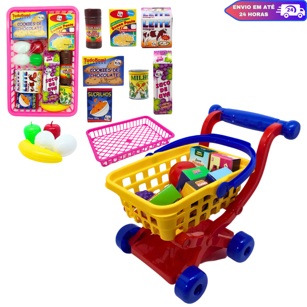 Kit Brinquedo Infantil Mini Carrinho de Compras Mini Supermercado Com 23 Peças