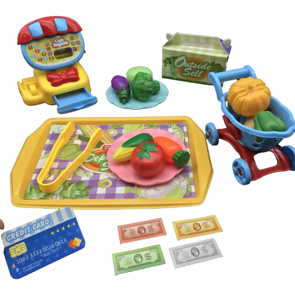 Kit Supermercado Brinquedo Infantil Cozinha Frutas Legumes c/ Mini Carrinho de Compra