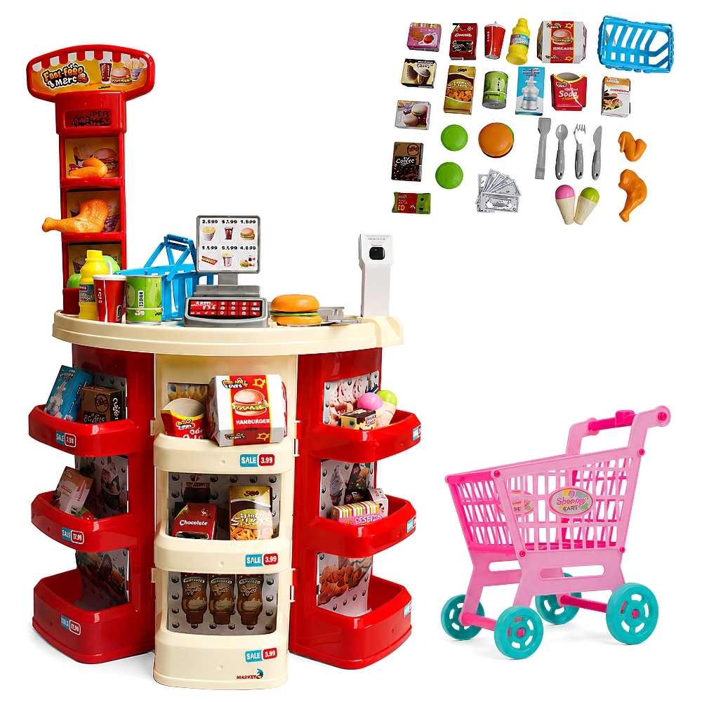 Mercadinho Infantil Mercado Caixa Registradora com 30 Peças e Carrinho de Compras Supermercado Brinquedo Educativo