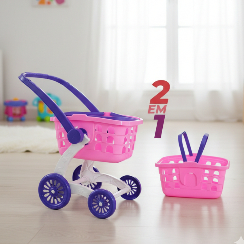 Carrinho de Supermercado Compras 2 Em 1 c/ cestinha brinquedo infantil mercado