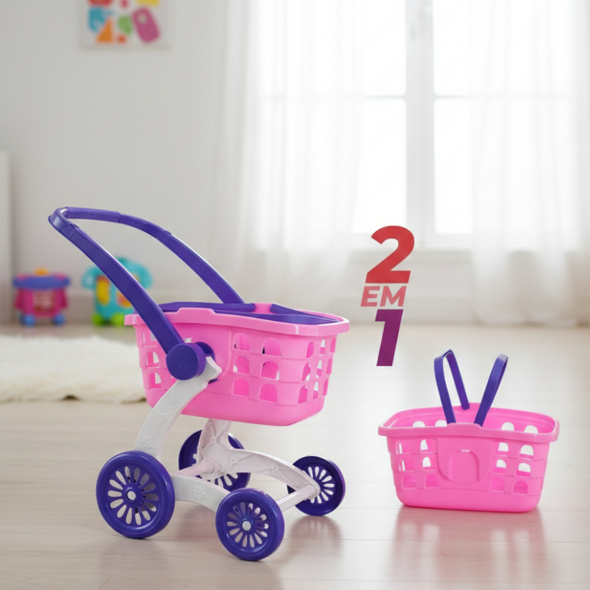 Carrinho de Supermercado Compras 2 Em 1 c/ cestinha brinquedo infantil mercado