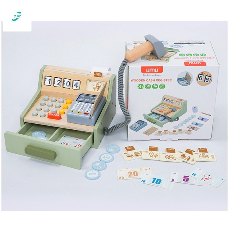 Conjunto De Jogos De Supermercado De Madeira-Brinquedo De Caixa Registradora De Compras Infantil Com Modelo De Cartões D