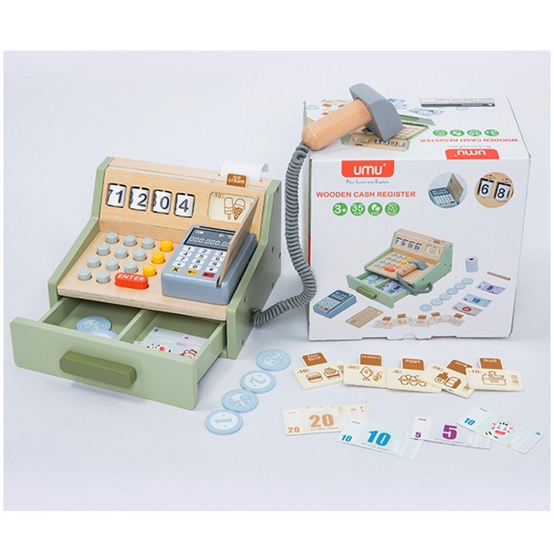 Conjunto De Jogos De Supermercado De Madeira-Brinquedo De Caixa Registradora De Compras Infantil Com Modelo De Cartões D