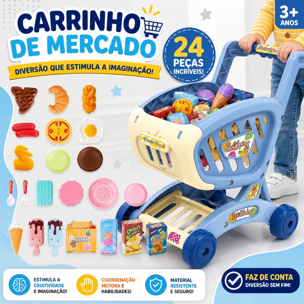 Carrinho de Compras Infantil 24 Peças Kit Mercadinho Supermercado Faz de Conta + Acessórios