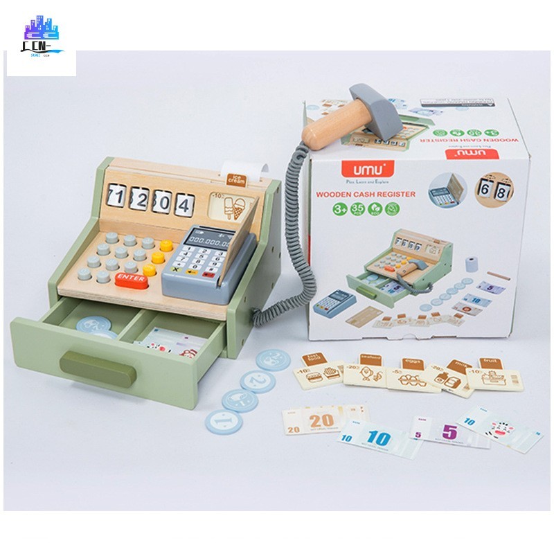 Conjunto De Jogos De Supermercado De Madeira-Brinquedo De Caixa Registradora De Compras Infantil Com Modelo De Cartões D