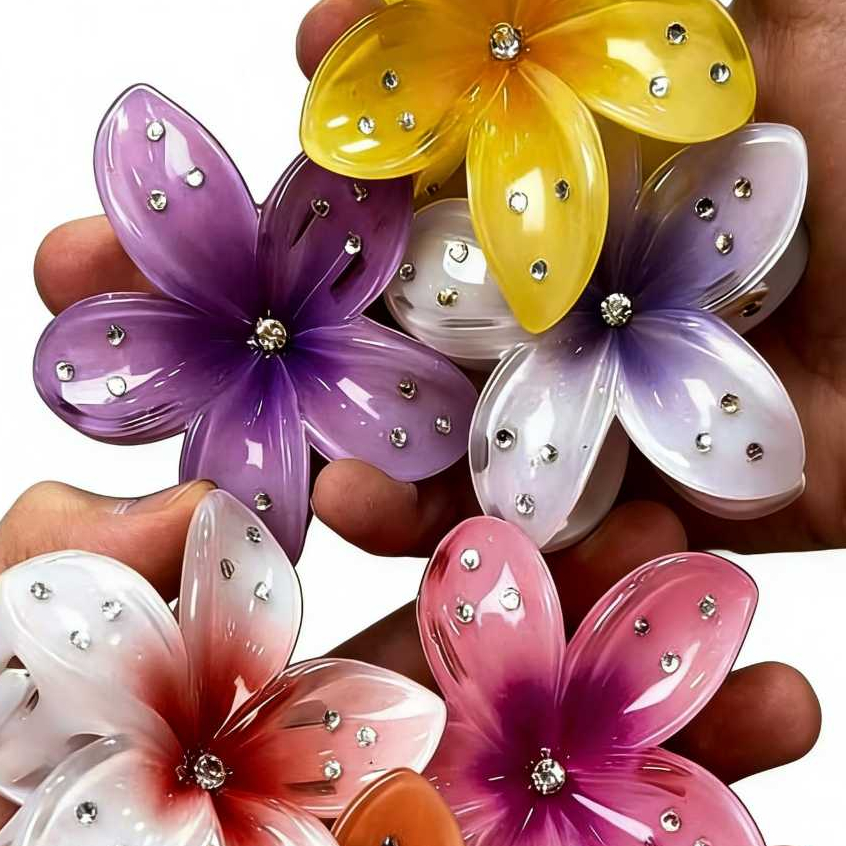 Piranha com Strass em Forma de Flor – Presilha Garra de Cabelo Brilhante Feminina