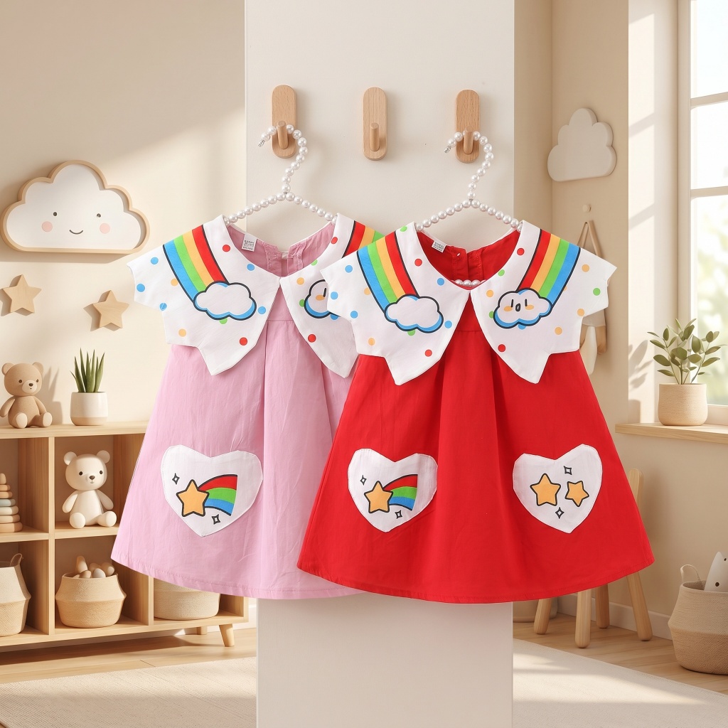 Vestido De Algodão Com Estampa De Nuvem De Arco-Íris Fofo De Desenho Animado Para Meninas Pequenas Peter Pan Collar Hear