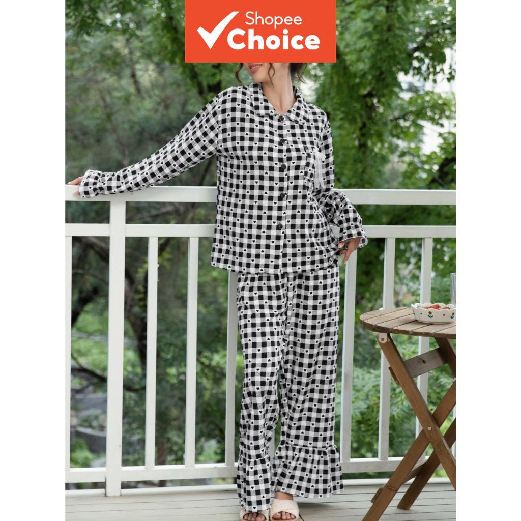 Oversized Peter Pan Collar Manga Longa Coração Gingham Estampa Conjunto De Pijama Feminino Pijamas Outono Inverno