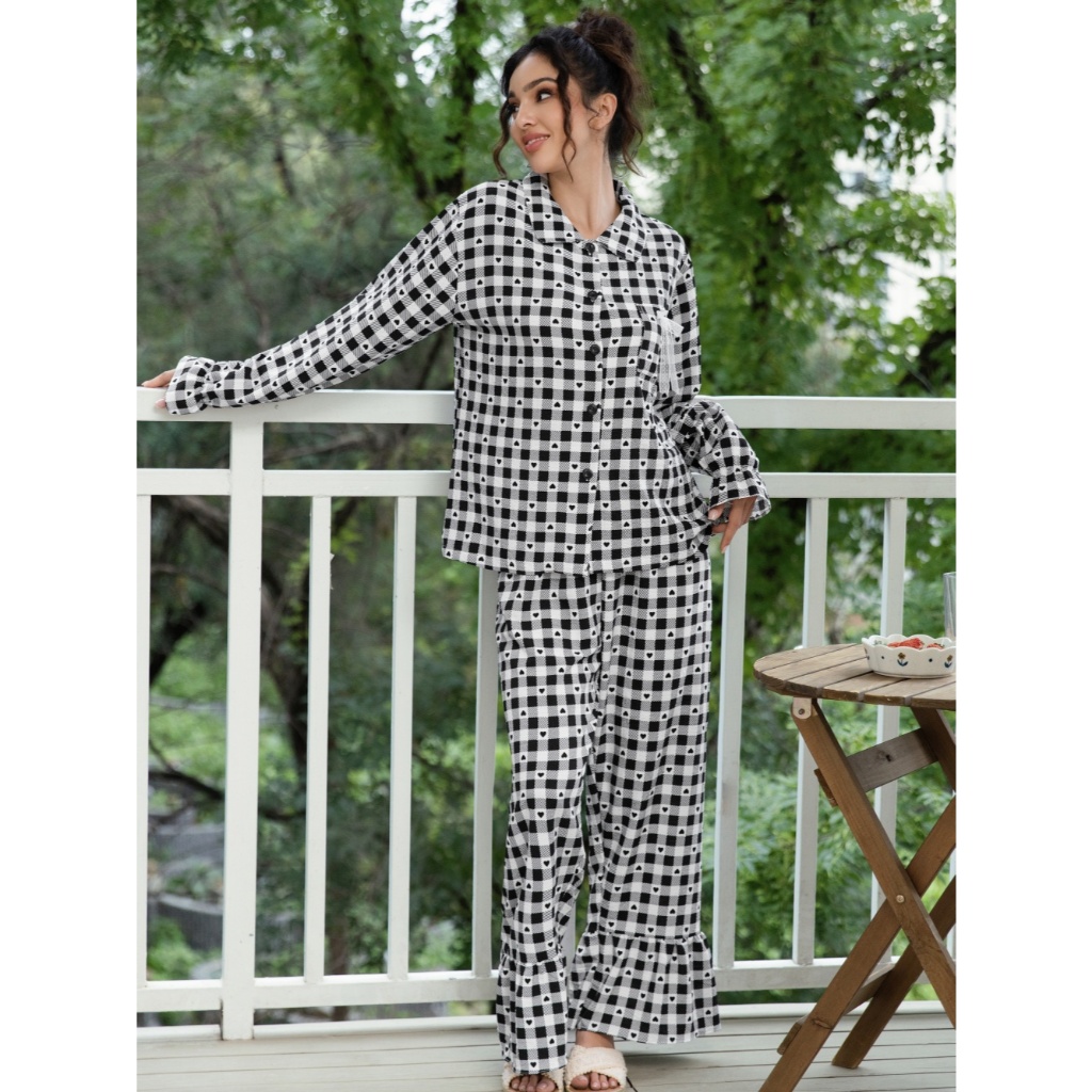 Oversized Peter Pan Collar Manga Longa Coração Gingham Estampa Conjunto De Pijama Feminino Pijamas Outono Inverno