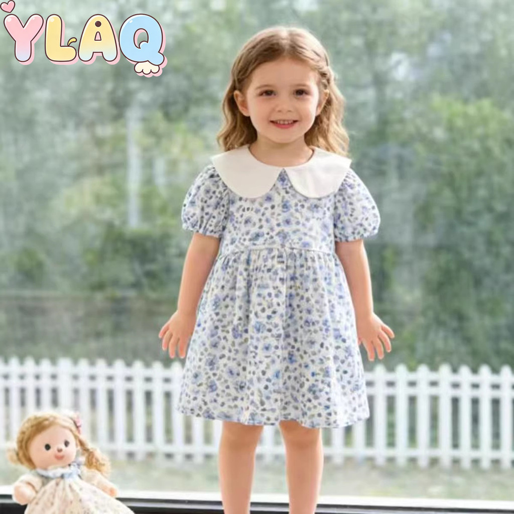 Vestido Floral De Manga Bufante Para Meninas Peter Pan Collar Back Bow Evasê De Verão