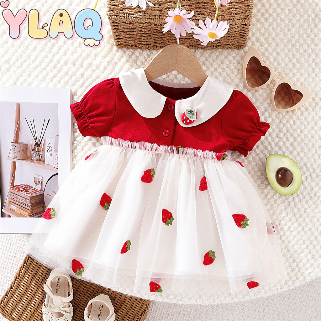 Vestido De Manga Curta Bordado De Morango Para Meninas Peter Pan Collar Tule Evasê Crianças Pequenas