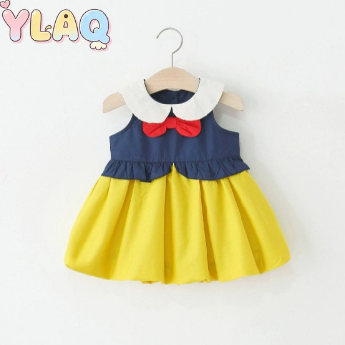 Vestido Colorido Sem Mangas Para Meninas Peter Pan Collar Bow Decor Saia Larga Roupa Casual