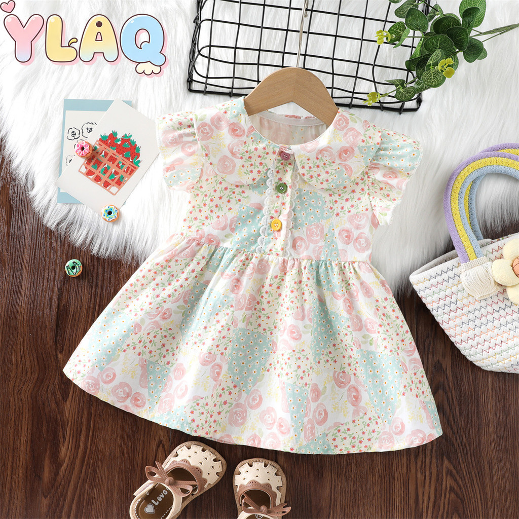 Vestido Floral De Retalhos Para Meninas Peter Pan Collar Flutter Manga Curta Botão Frontal Crianças Diariamente