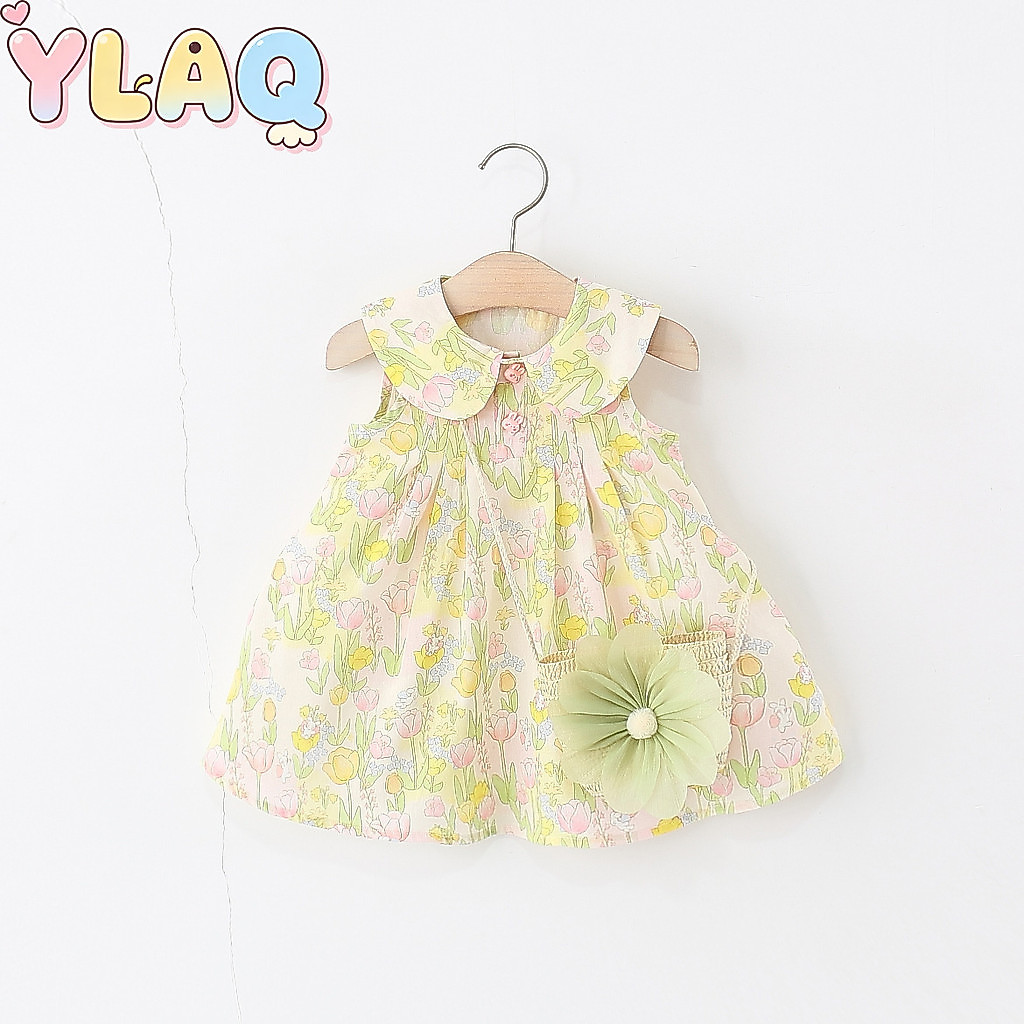 Vestido Sem Mangas Para Meninas Com Estampa Floral Peter Pan Collar Pocket Decor Roupa Casual De Verão