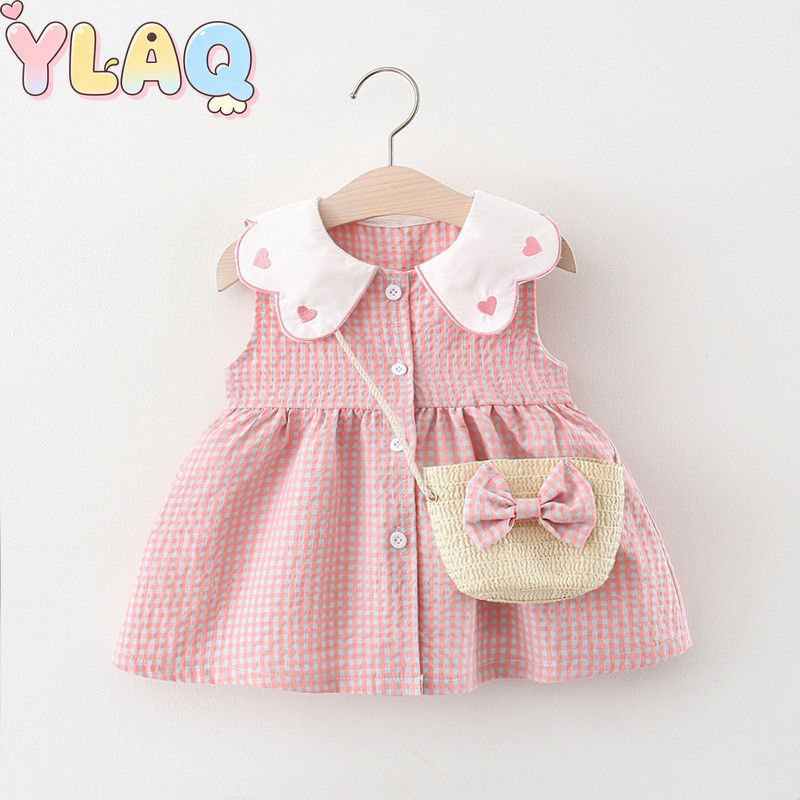 Vestido Xadrez Sem Mangas Gingham Para Meninas Com Bordado De Coração Peter Pan Collar Uso Diário