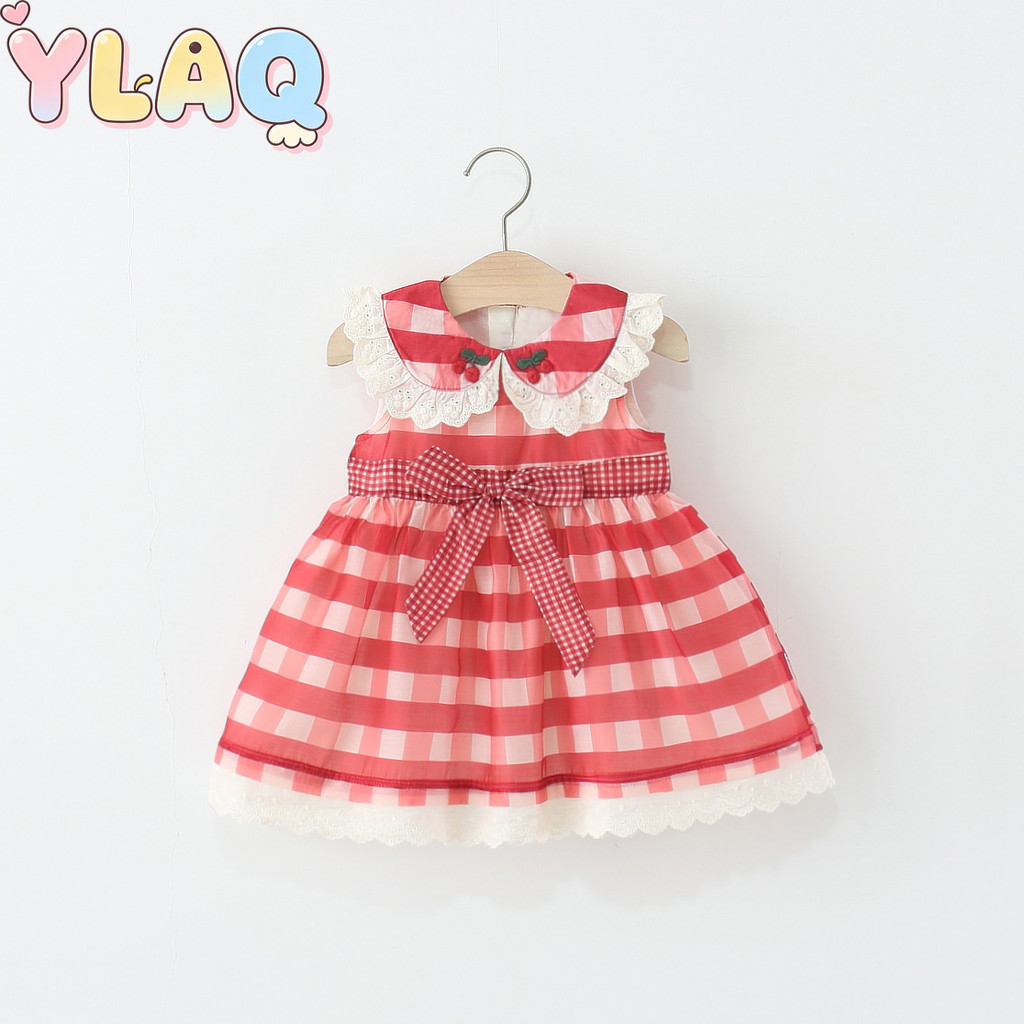 Vestido Guingão Vermelho Sem Mangas Para Meninas Peter Pan Collar Bow Lace Hem Linda Roupa De Verão
