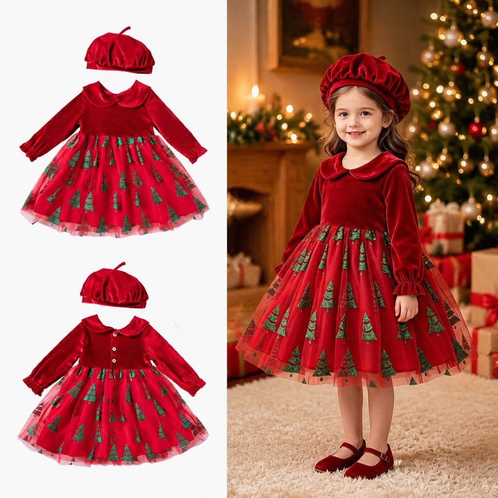 Conjunto De Vestido De Natal Para Meninas Peter Pan Collar Manga Comprida Com Estampa De Árvore E Boina De Malha