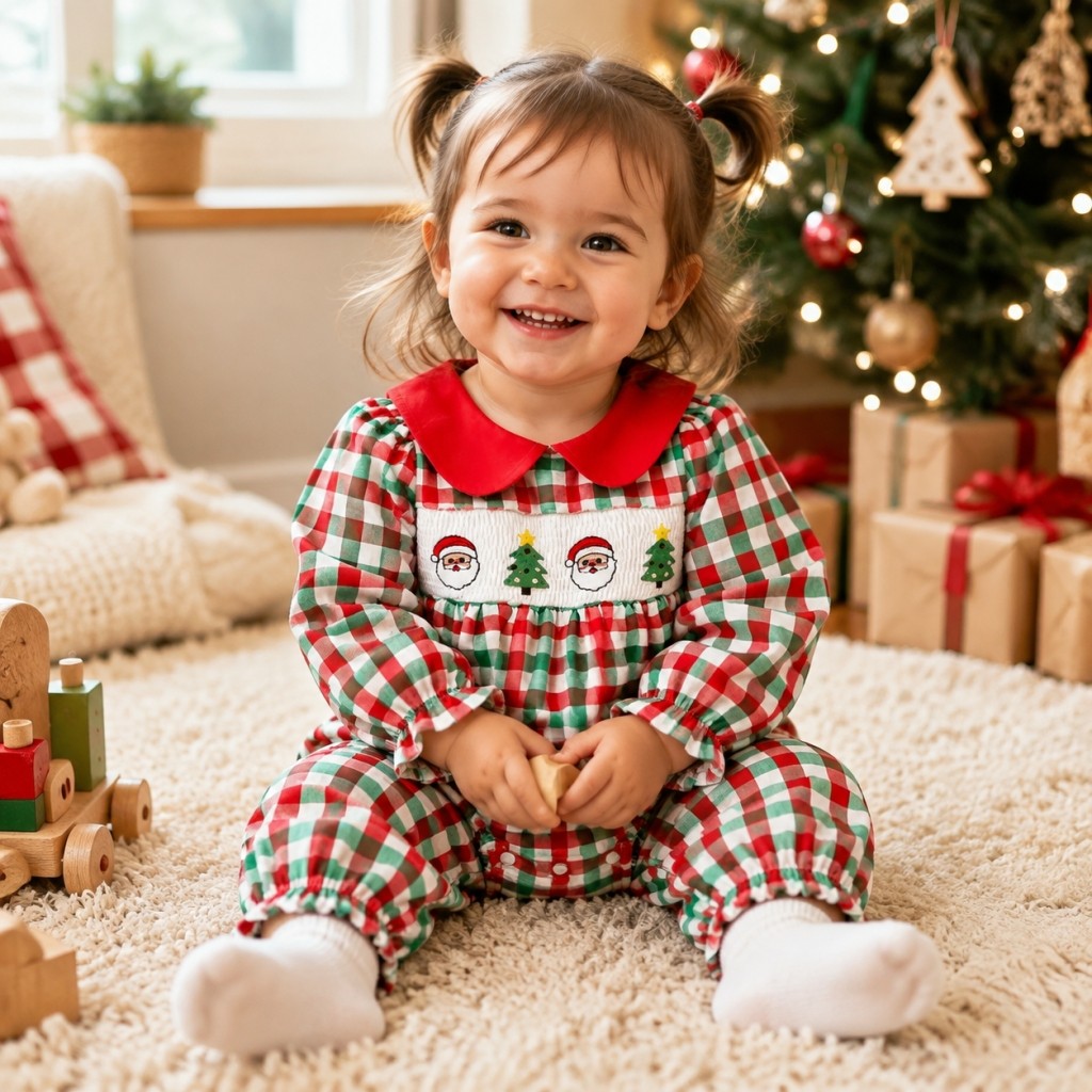Macacão De Natal Para Bebês Meninas Peter Pan Collar Santa Tree Bordado Roupa De Guingão