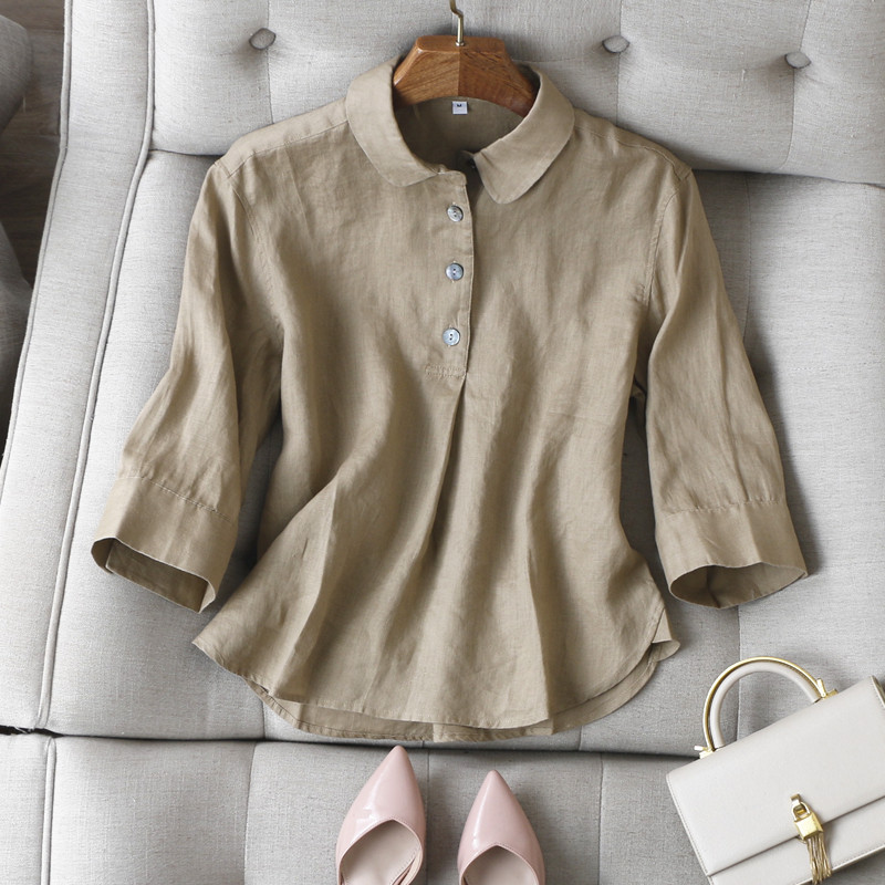 Detalhes requintados ~ Retro Peter Pan Collar Half Cardigan Design Pequeno Reto Slimmer Look Manga Três Quartos Camisa C