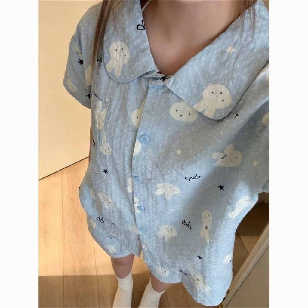 Cardigan De Algodão Nuvem Peter Pan Collar Sweet Girls Conjunto De Pijama Shorts De Manga Curtasleepwear