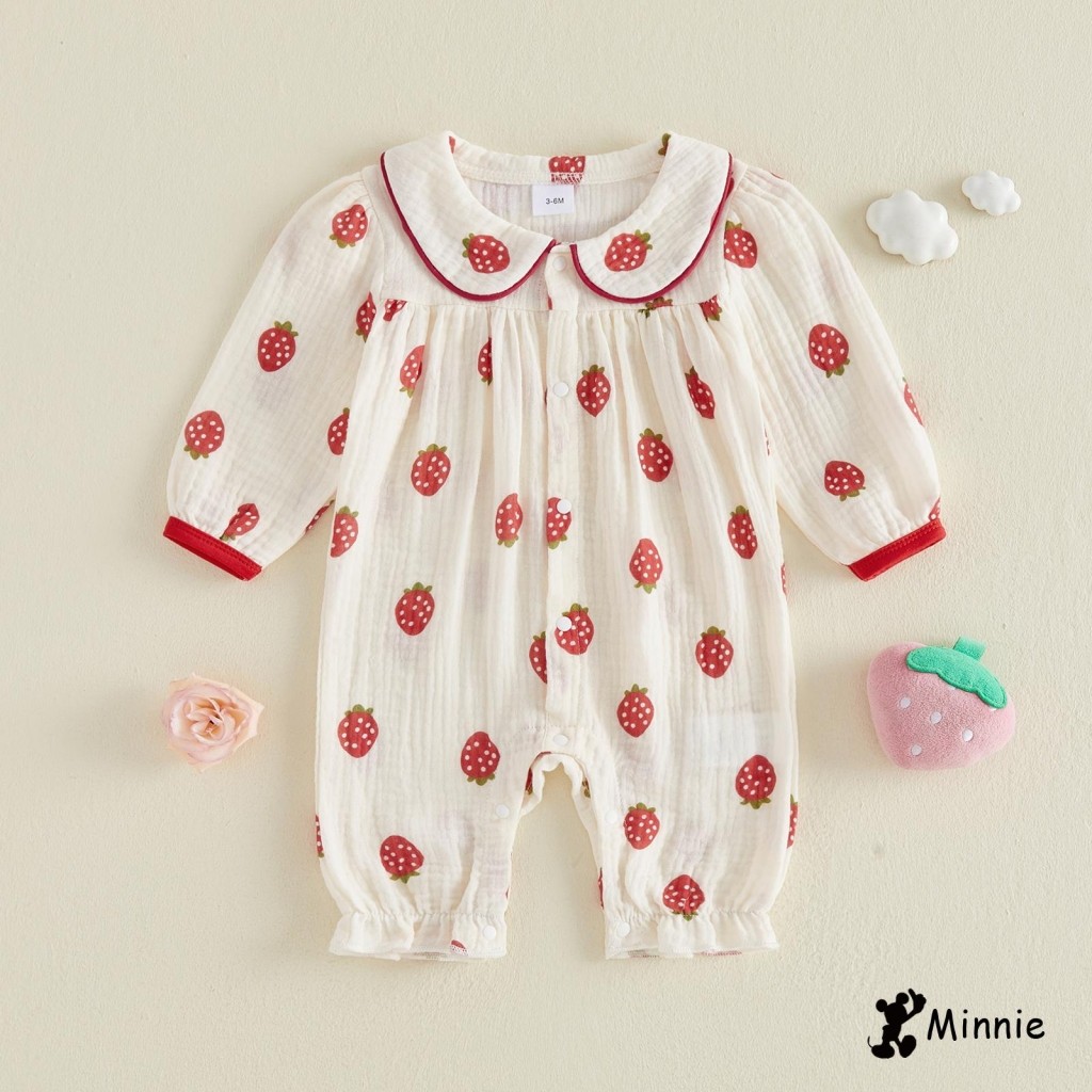 Macacão Com Estampa De Morango Da Minnie-Baby Girl Peter Pan Collar Manga Comprida Botões Para Recém-Nascidos Fofo