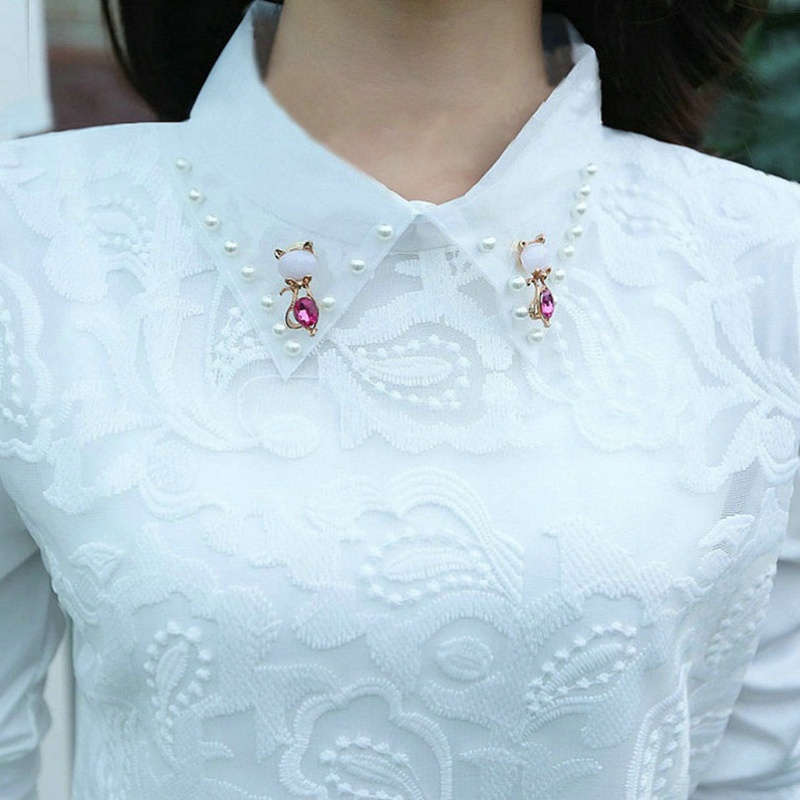 Blusas De Renda Estilo Primavera Outono Feminino Camisas Lady Peter Pan Collar Manga Comprida Beading Casual Top