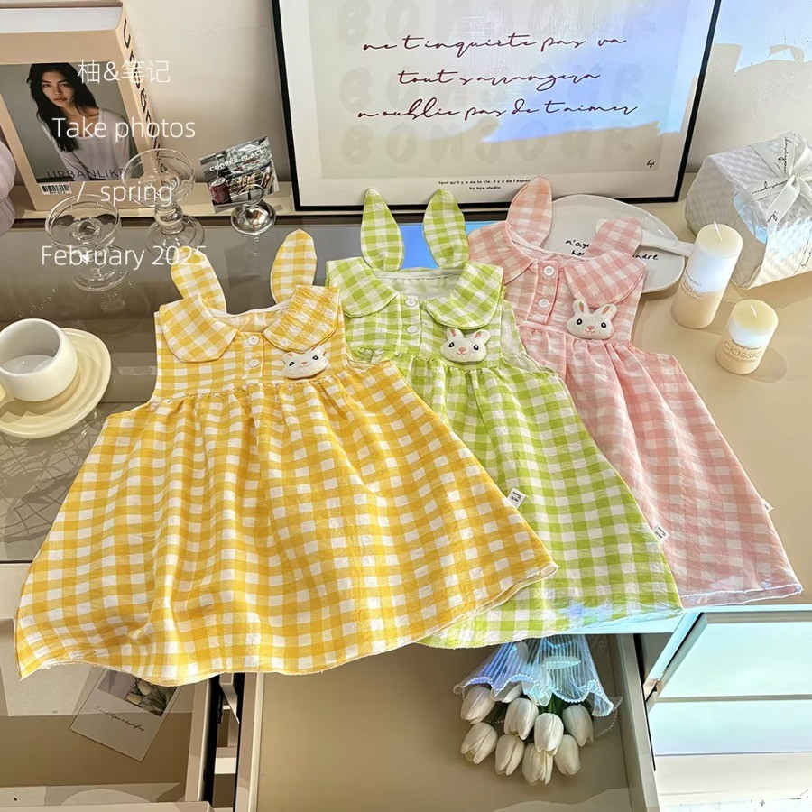 Vestido De Verão Para Meninas – Peter Pan Collar Bunny Ear Grid Jumper , Lindo Princesa De Coelho Crianças Pequenas Roup