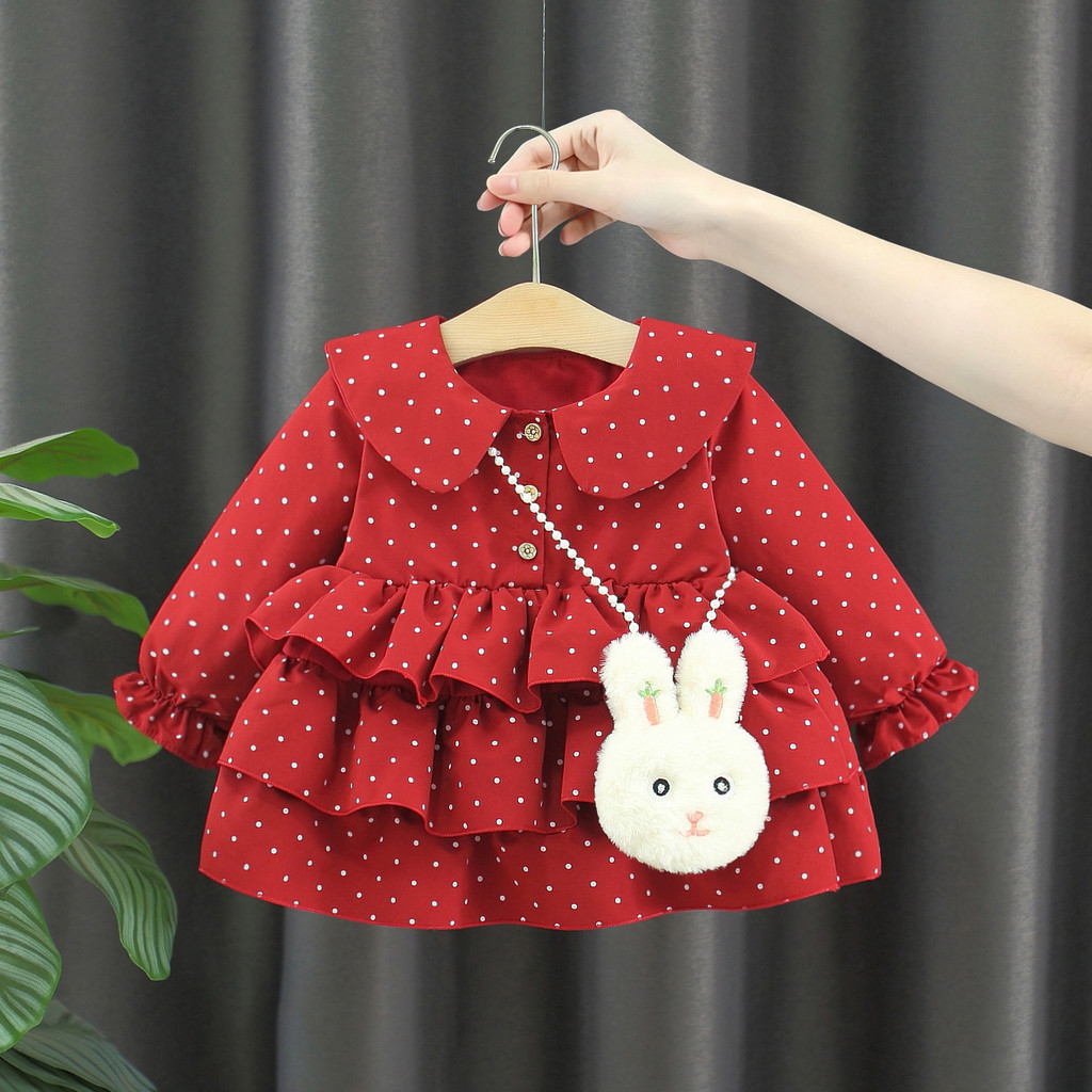 Vestido De Manga Comprida Com Bolinhas Vermelhas E Brancas Para Bebês Meninas Peter Pan Collar Bolo Babados Em Camadas C