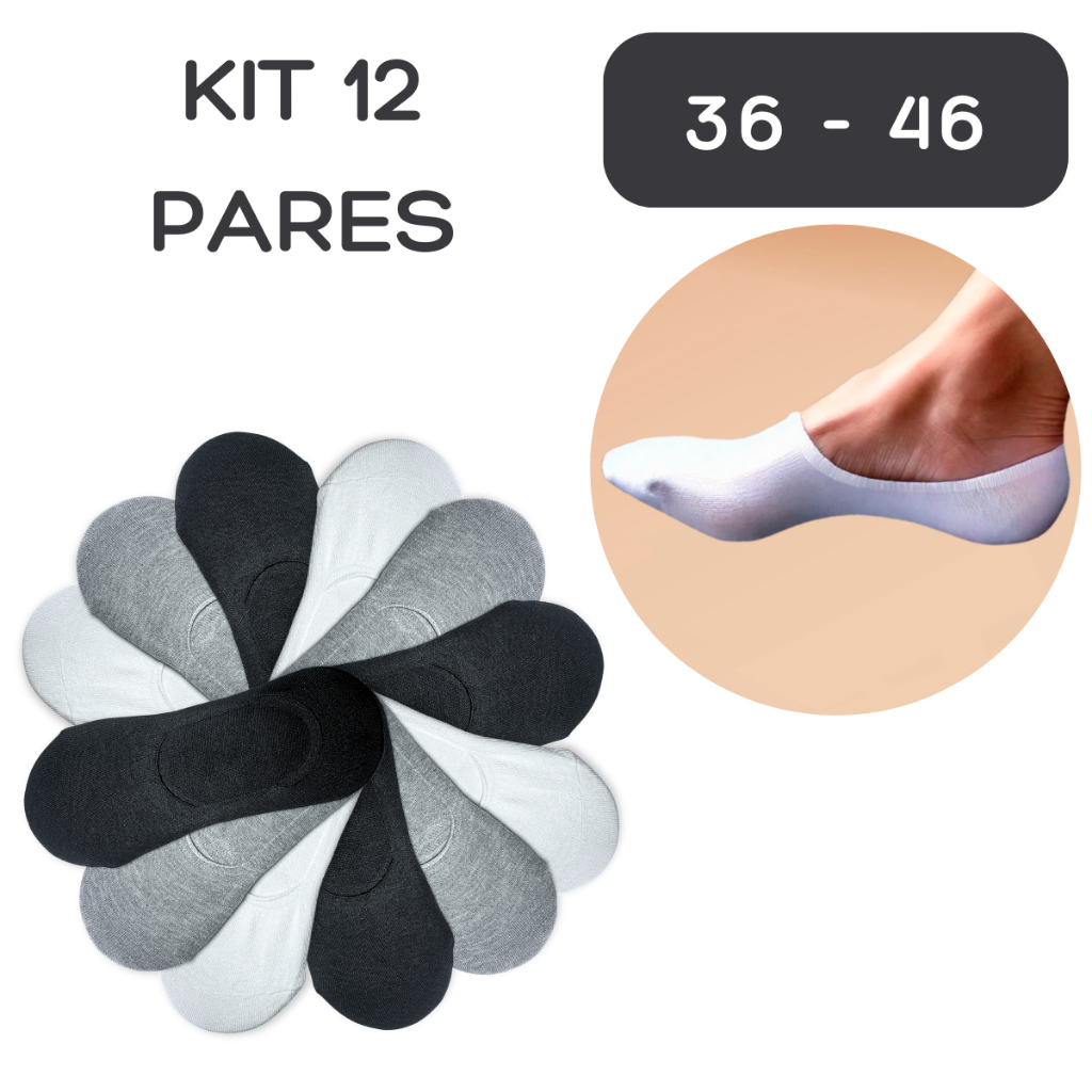 Kit Até 12 Pares Meia Invisível Unissex Respirável Premium Com Silicone Antiderrapante