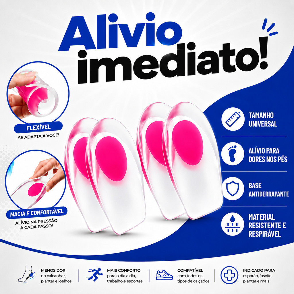 Kit 2 Pares Palmilha Ortopédica de Silicone Gel para Calcanhar Anti Impacto Esporão e Conforto nos Pés