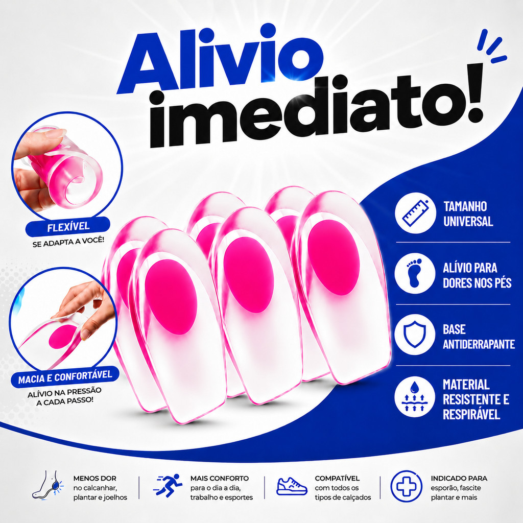 Kit 3 Pares Calcanheira de Gel Silicone Ortopédica, Confortável e Flexível para Esporão e Dor no Calcanhar