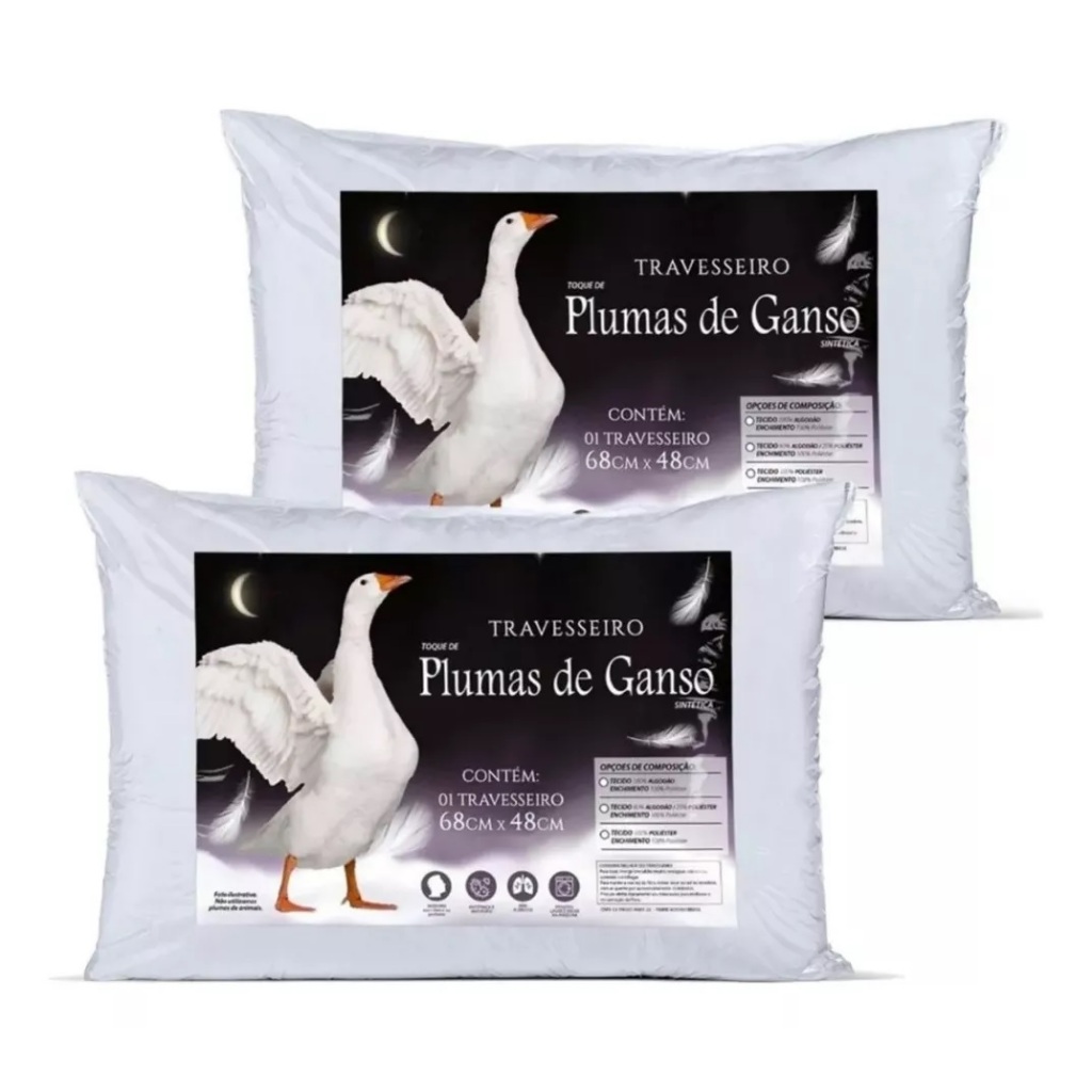 Kit 02 Travesseiros Par Toque De Pluma Macio Fibra De 100% Silicone Conforto