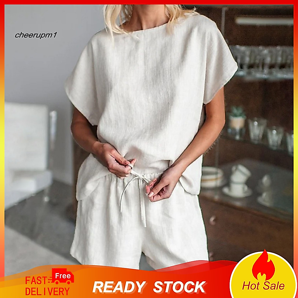 Breathable Women Suit Short Set Cotton Linen Women’s Summer Two-piece Lounge Wear Crew Neck Top Drawstring Waist Short