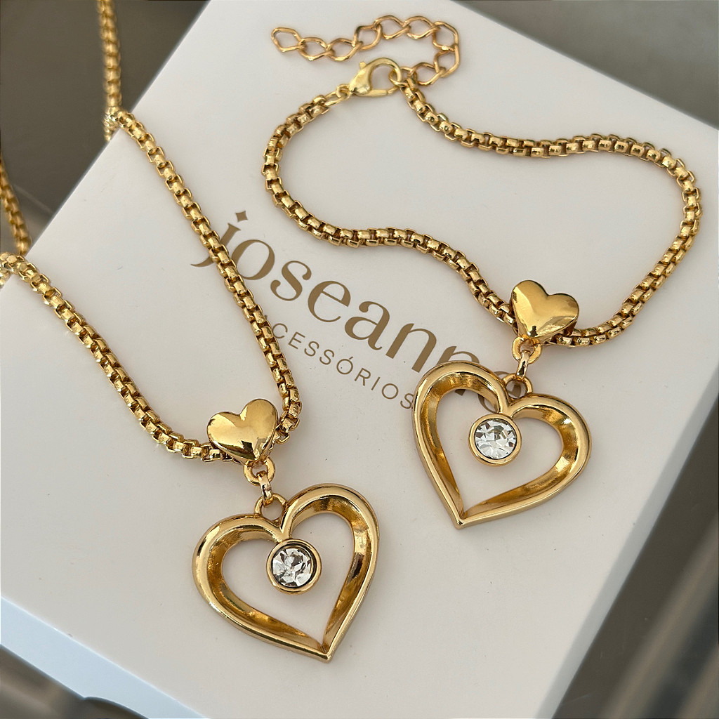 Colar e Pulseira Feminino Coração Ponto de Luz Zirconia Cristal Elegante