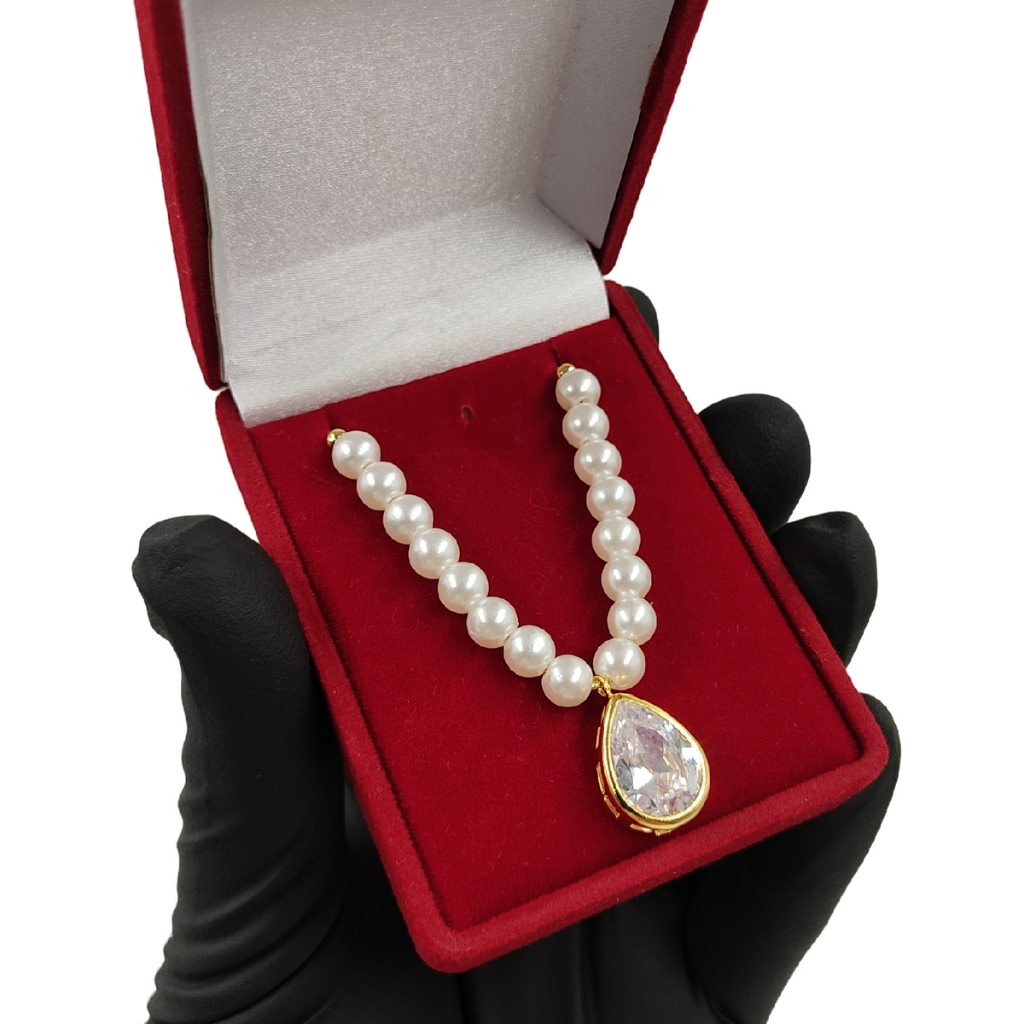 Conjunto Feminino Pérolas Moeda Antiga Cordão Veneziano com Pingente Cristal Gota de Ouro