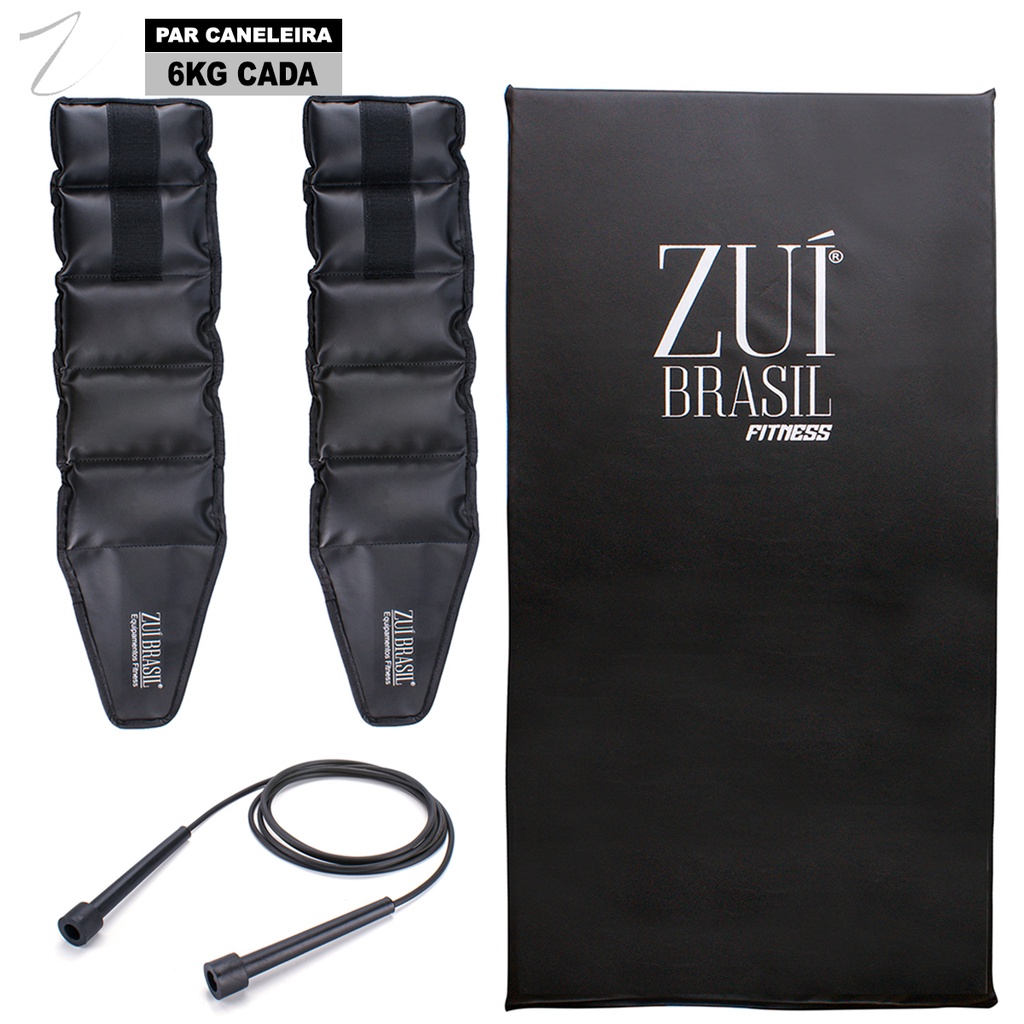 Colchonete Preto E Corda De Pular E Par Tornozeleira Caneleira Peso 6kg Profissional