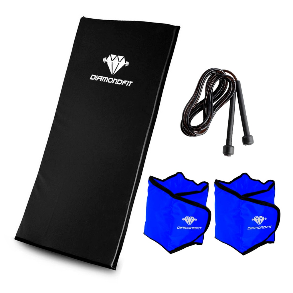 Kit Treino Casa Colchonete Caneleira Tornozeleira Corda de Pular Perda Peso Musculação Academia Azul