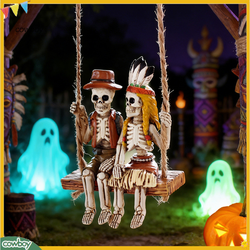 Swing Couple Skeleton Statue Man Woman Resin Figurine Halloween Hanging Ornament for Indoor Window Garden Decoration Uni