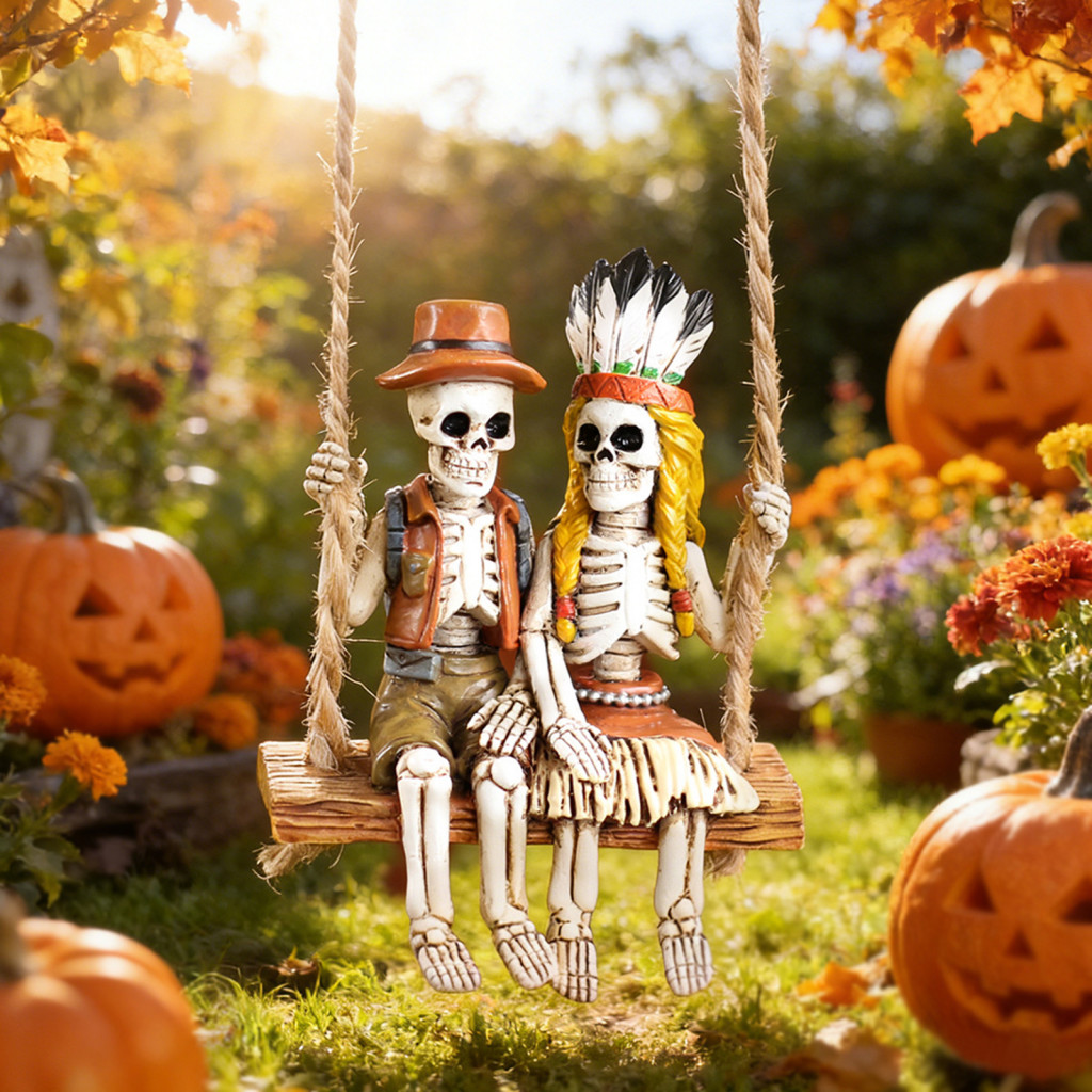 Swing Couple Skeleton Statue Man Woman Resin Figurine Halloween Hanging Ornament for Indoor Window Garden Decoration Uni