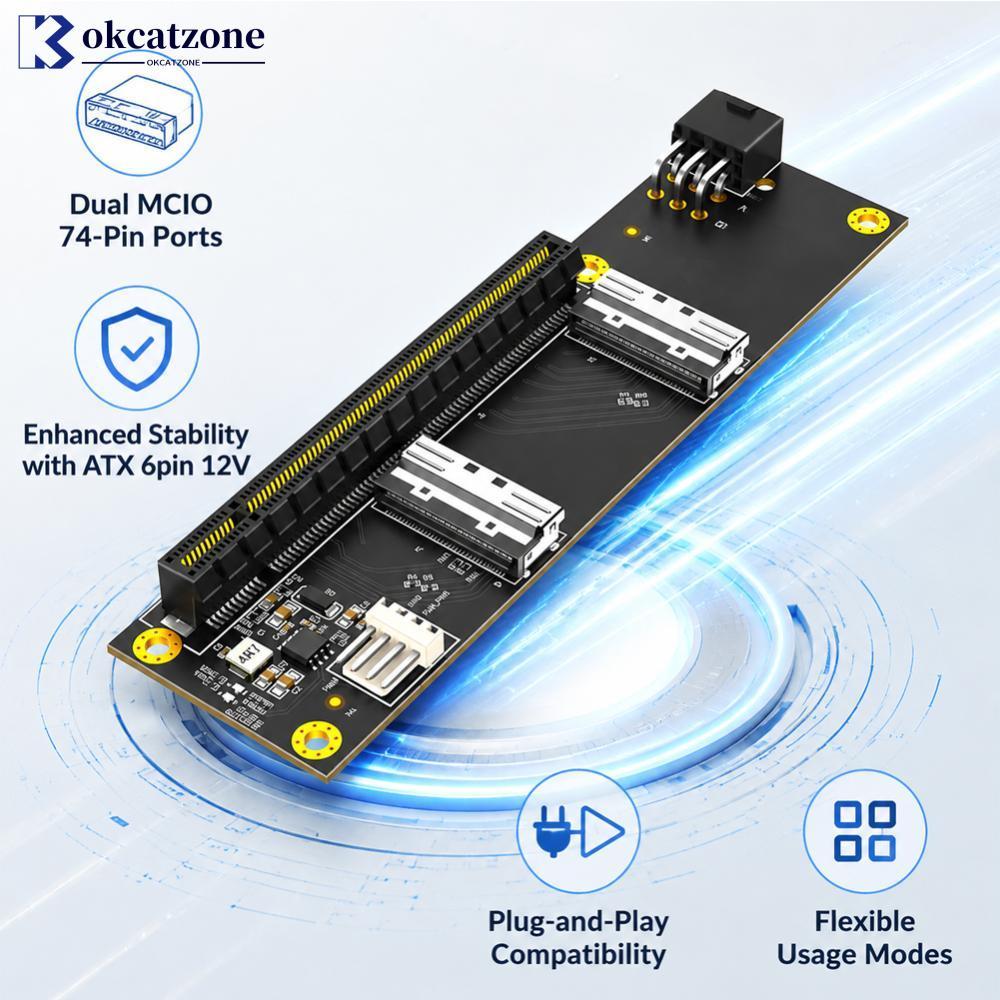 OKCATZONE PCI-Express PCIe 5.0 x16 Para Placa Adaptadora Dual MCIO SFF-1016 F3T1