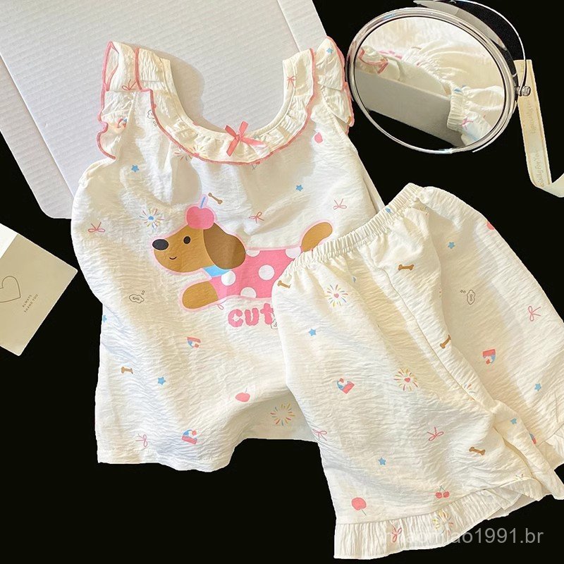 (((90-150cm) Girls Cute Style Pajamas Set Baby Girl Apple Dog Cute Vest Two-Piece Suit Homewear
