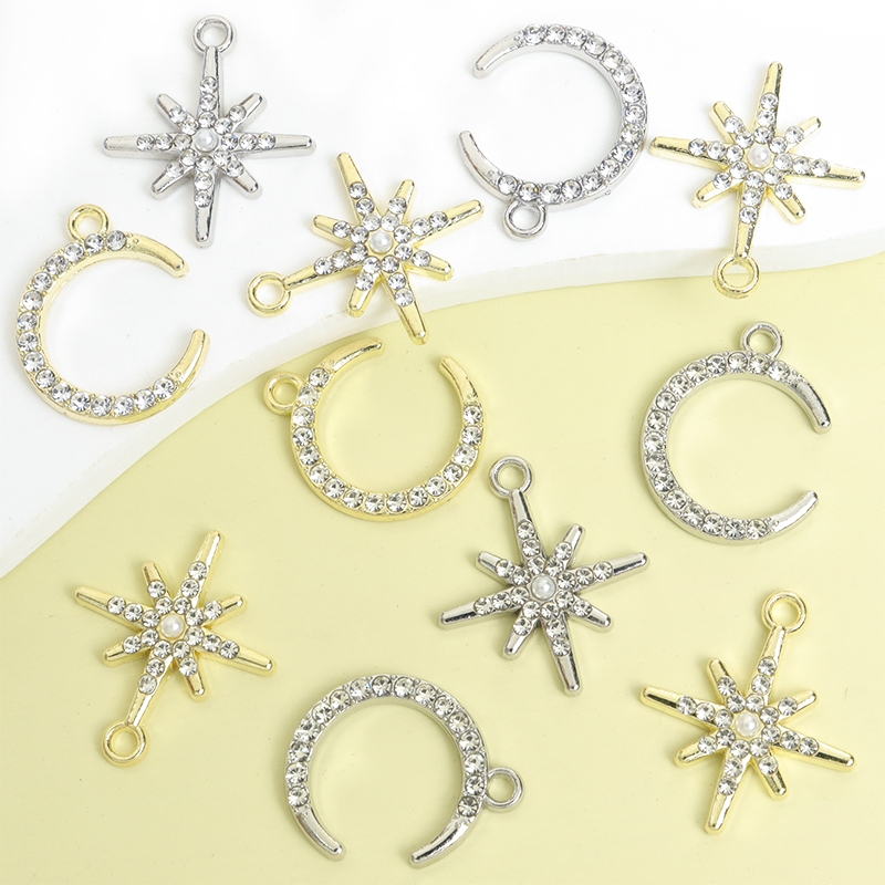10 Peças De Amuletos Brilhantes De Estrela E Lua Com Strass Decoração De Pérolas-Colar , Pulseir