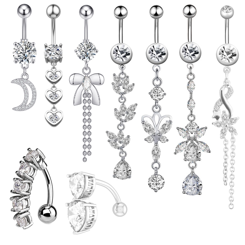 Moda Piercing de Umbigo Aço Inoxidável com Pingente Zircão Feminino Corpo Piercing Jóias Decoração