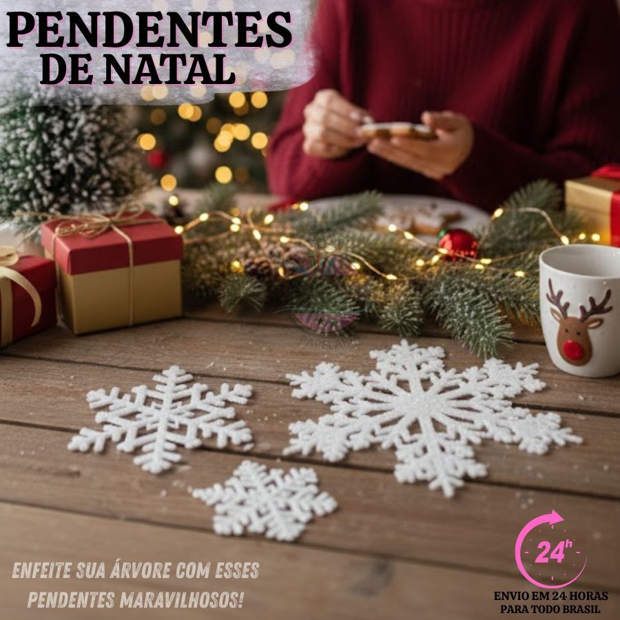 Flocos De Neve Pingentes Grande C/ Glitter Decoração Enfeite Árvore Natal Branco