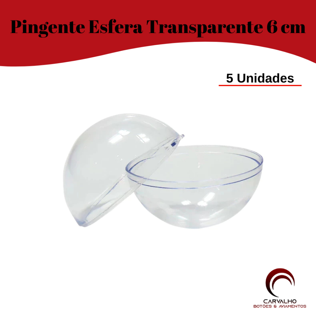 Pingente Esfera Transparente 6cm com 5 Unidades para Natal, Festas, Lembrancinhas e Decoração