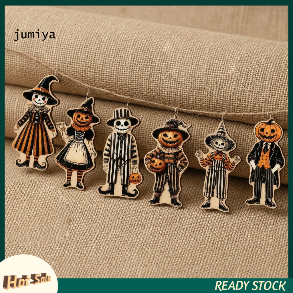 Hanging Decorations for Home 6pcs Halloween Wooden Ornaments Pumpkin Skeleton Decor with Rope Spooky Pendant for Party W